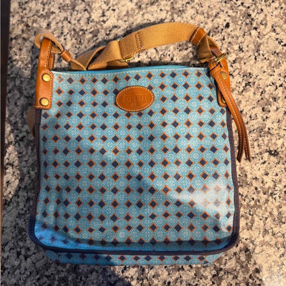 Fossil Blue and Brown Geometric Crossbody Bag